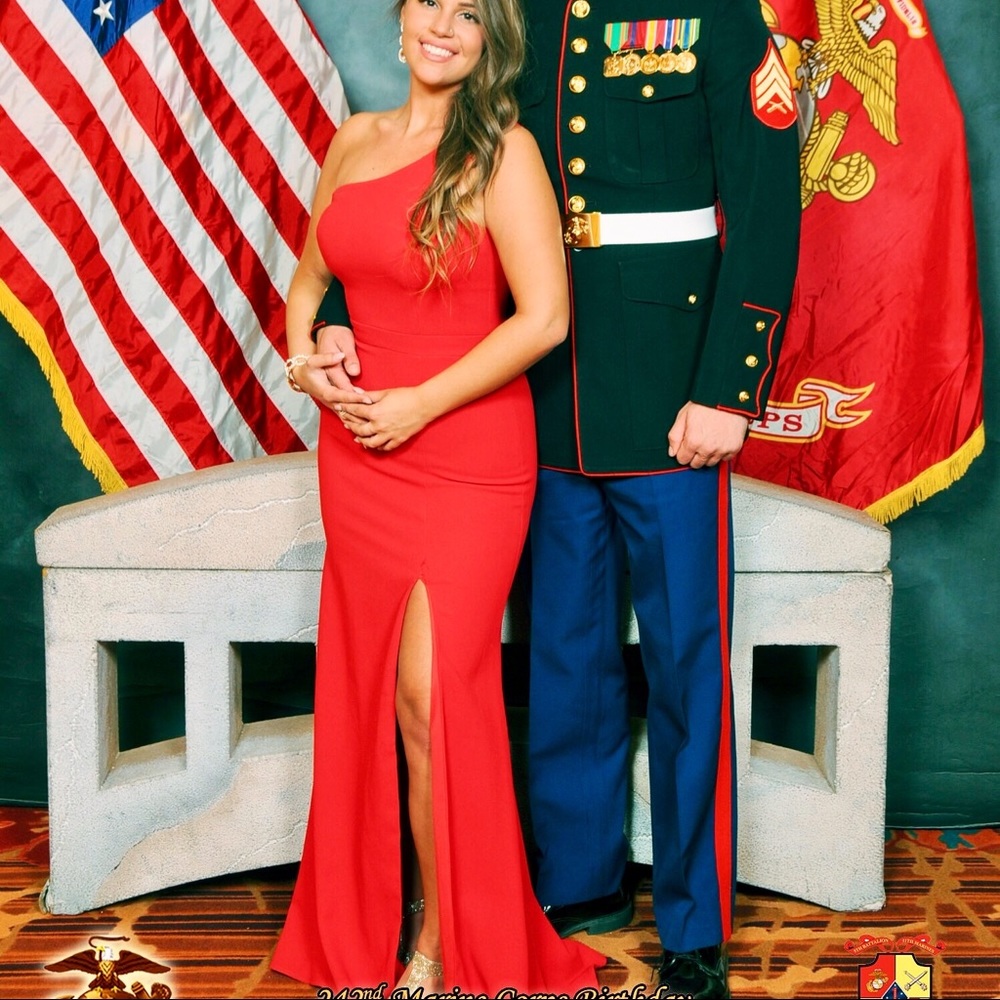 One shoulder red gown with slit